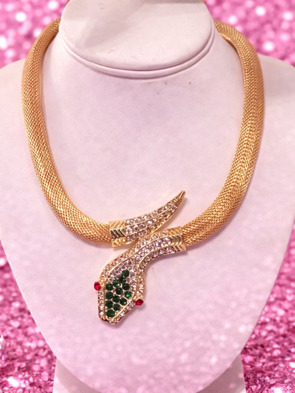 Gold Snake-Head Statement Necklace with Green and Red Accents